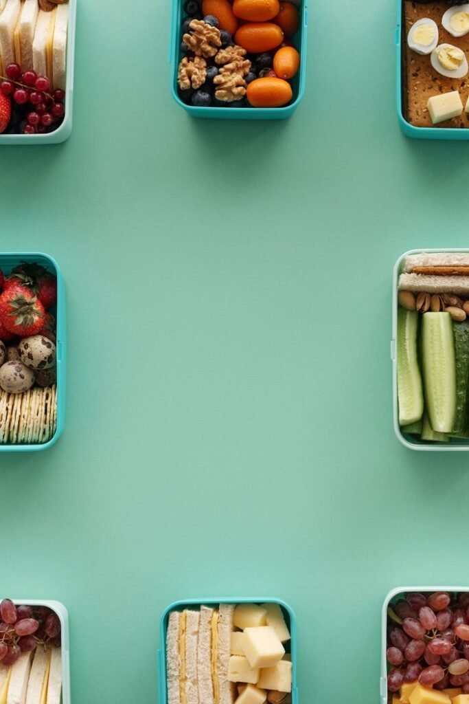 Top view of assorted fresh snacks in containers on green background.